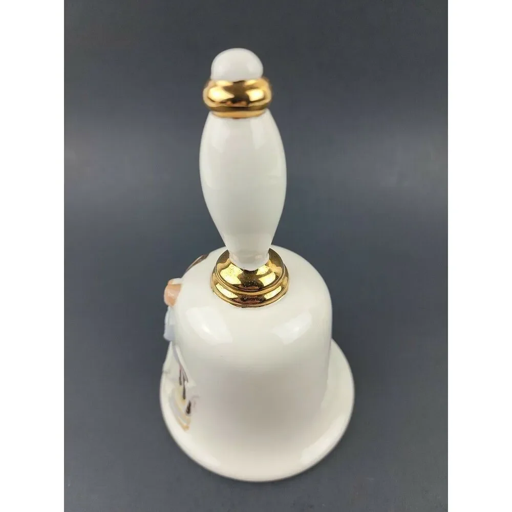 Vintage Wedding Bell Bride Groom Artisan Ceramic Porcelain Gold Trim Clapper